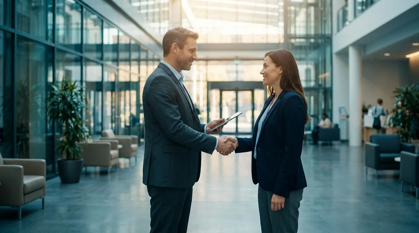 Two medical device representatives meeting in a hospital lobby