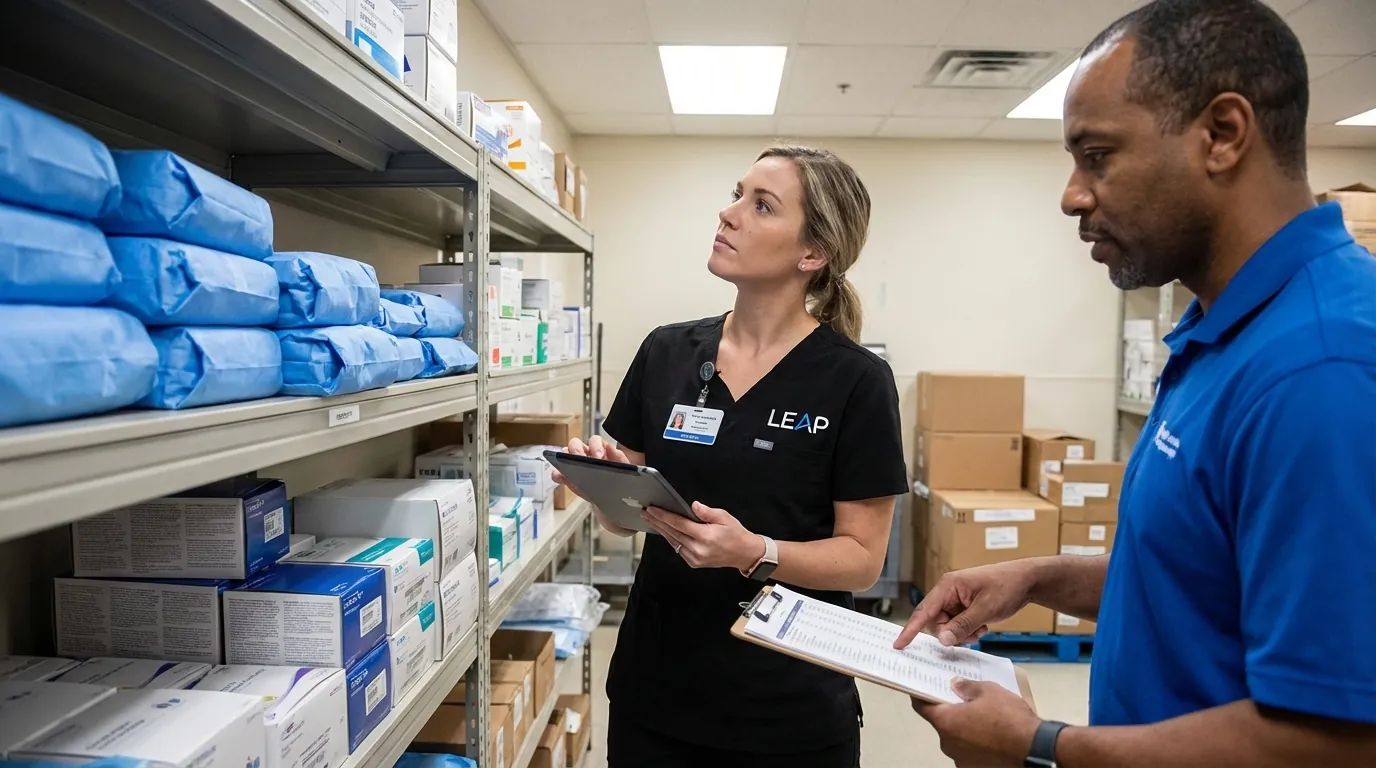 A clinician reviewing inventory in a hospital central supply area