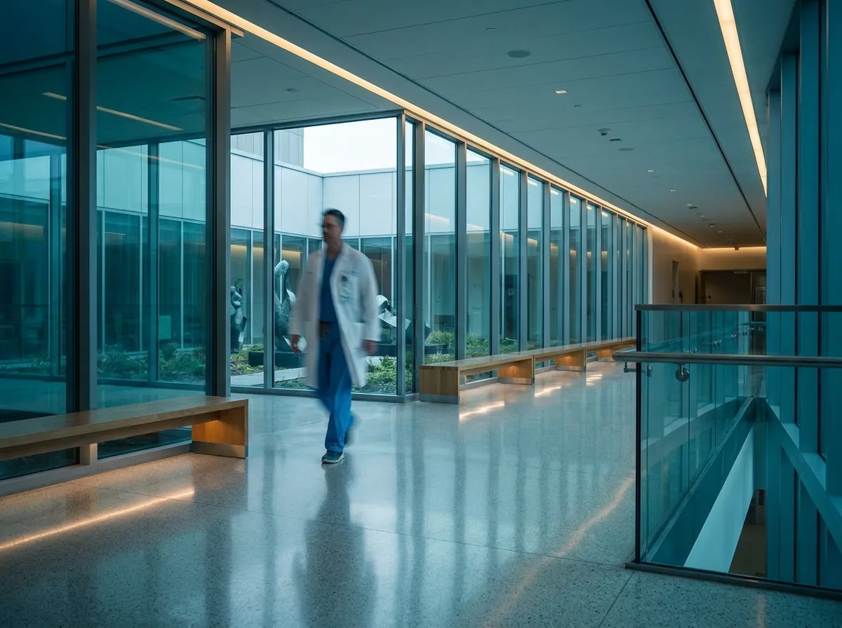 A clinician in a modern hospital corridor
