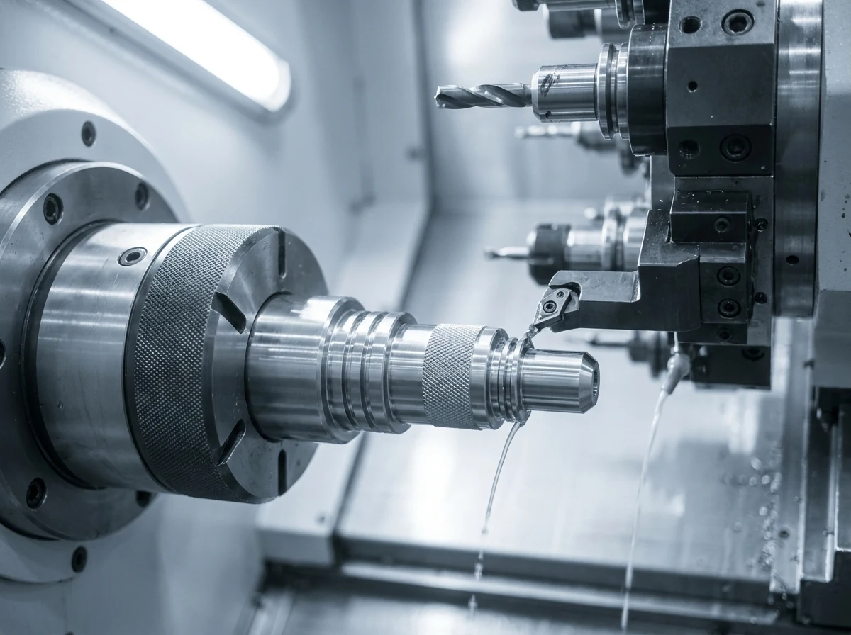 A CNC turning center machining a precision stepped stainless steel shaft